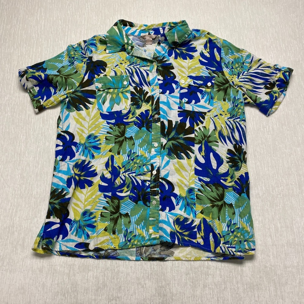 White Stag Linen Button Up Hawaiian Shirt Womens XL Multicolor Tropical Print